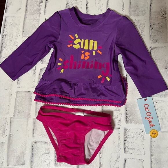 CAT & JACK Swimwear Little Girls Kids 9M Purple Rash Guard Sun Shining 2-Pc. Set - Picture 3 of 16